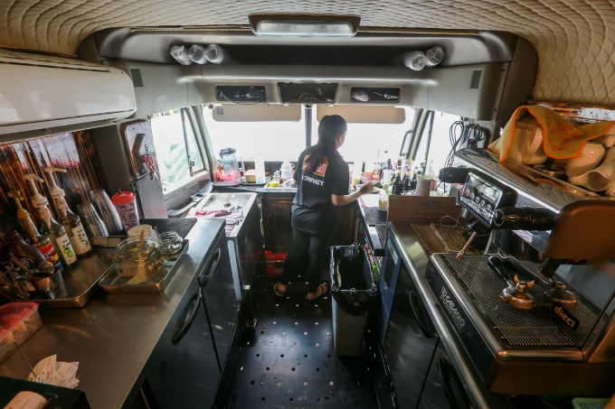 The trucks interiors and engines had been removed before the cabin was changed into the barista counter.