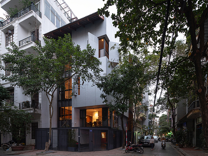 The five-story gem is located at an intersection in Hanoi.