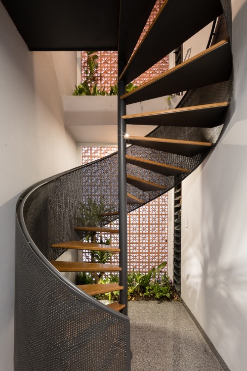 Another stair lies next to a small garden.