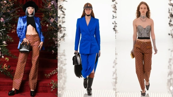 Singer Chi Pu combines two Gucci outfits and dons a hat for her red carpet look.