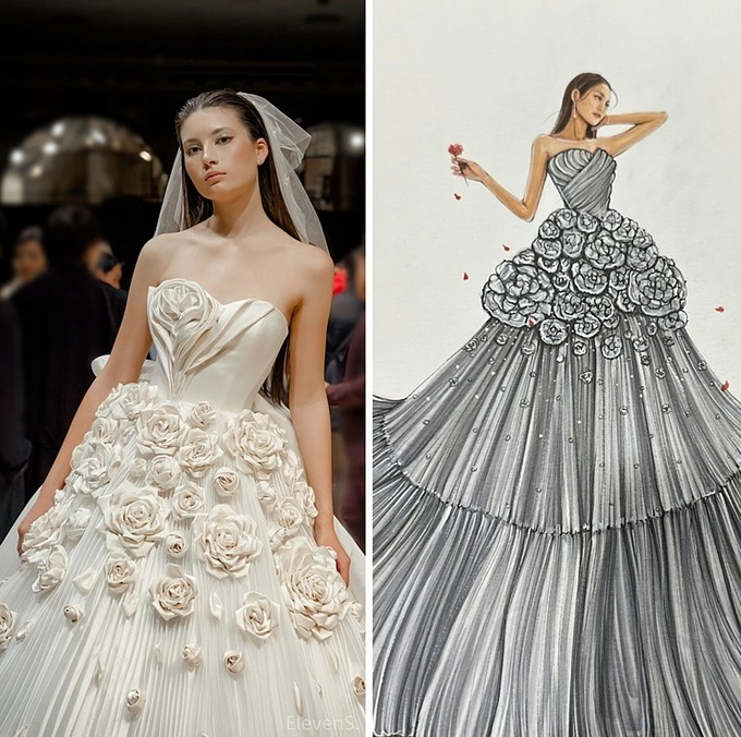 The rose wedding dress in the collection Thuong are made of the rare Lanh My A silk