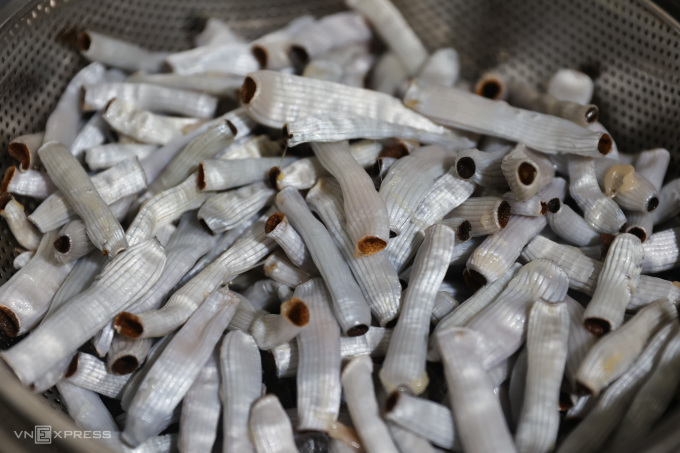 Peanut worms are cleaned inside out thoroughly and used within the day. Photo by VnExpress/ Quynh Tran