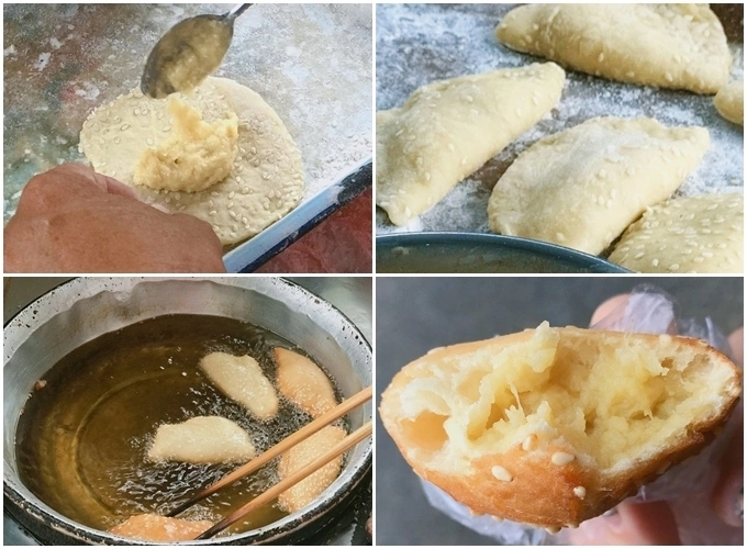 The donuts are filled with durian before deep fried in hot oil. Photo by VnExpress/Vi Yen