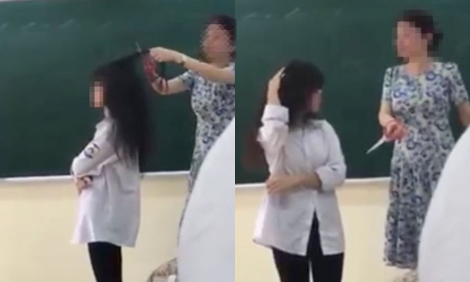 The stills of a video on social media showing a teacher cutting off a students hair for dyeing it at a high school in Vinh Phuc Province. Photo obtained by VnExpress
