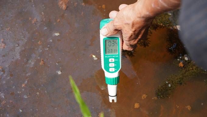 Tran Van Thu holds a tool that read the salinity level in a river in Chau Thanh District, Ben Tre Province at 0.34 ppt, March 2023. Photo by VnExpress/Hoang Nam