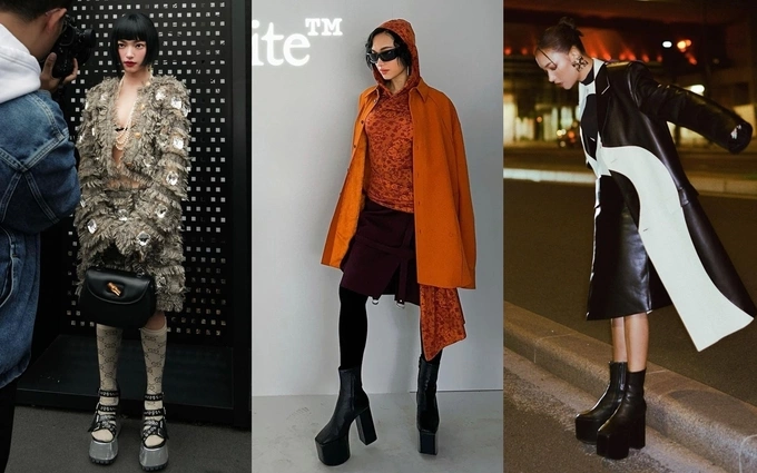 Renowned fashionista Chau Bui with a height of 1.6 m often matches platforms with many outfits during fashion weeks. She considered platforms as an effective item to increase her height and handle complicated outfits easier. Photos by Chau Bui.