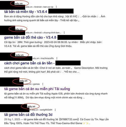 A screenshot photo of Vietnamese illegal gambling sites attached to official sites with the edu.vn domain.