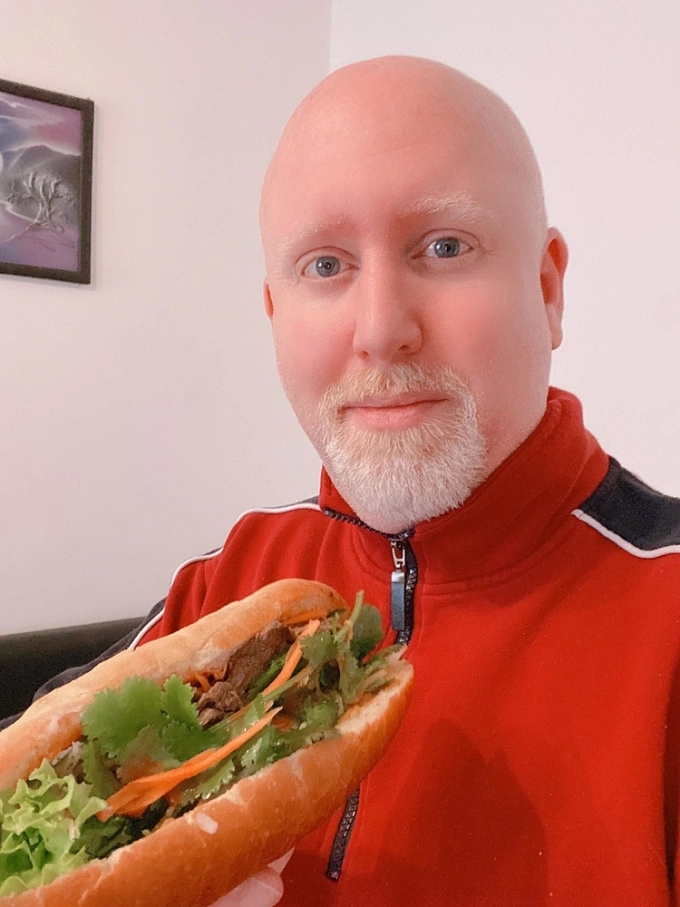 Berhausen and his favorite Vietnamese food banh mi, which he made from scratch. Photo by Jens Berhausen