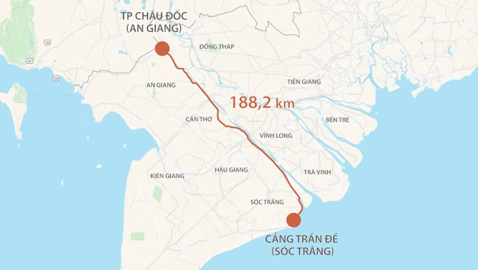 The route of the new Chau Doc - Can Tho - Soc Trang Expressway. Graphics by VnExpress/Thanh Huyen