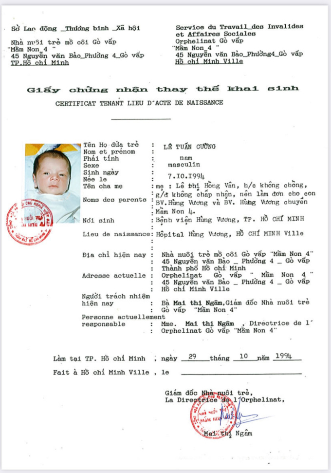 Clement Cuong Herissard’s birth certificate, given to Laurence Herissard when she applied to adopt him in 1994. Photo courtesy of Clement Cuong Herissard