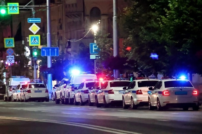 Russian police cars gather in the center of Rostov-on-Don on June 24, 2023. Photo by AFP