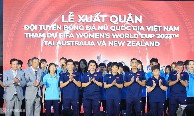 Vietnams womens football team are at a ceremony on July 4, 2023 to bid them off to participate in the World Cup 2023. Photo by VnExpress/Lam Thoa