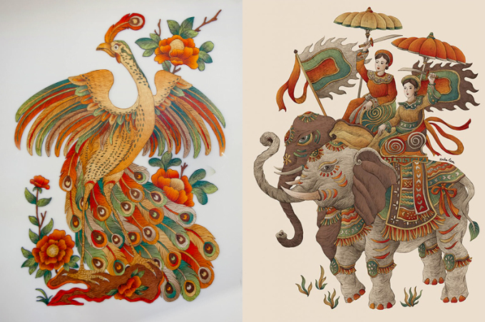 Lam’s paintings Thien Ha Thai Binh (L) and Hai Ba Trung. Photo from Lam’s website