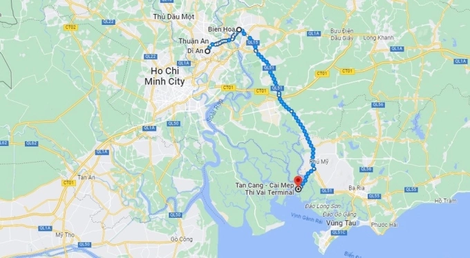 A map of Binh Duongs Di An City, Dong Nais Bien Hoa City and Cai Mep-Thi Vai Terminal. Photo by Google Maps