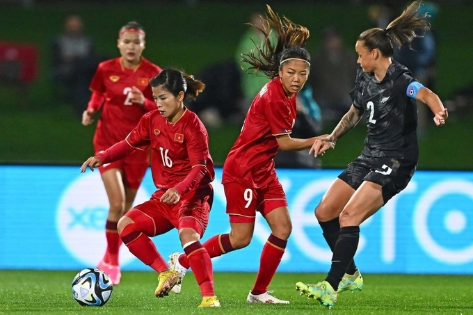 Huynh Nhu (number 9) during the exhibition between New Zealand and Vietnam on July 10, 2023. Photo by AFP