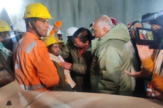 One of the trapped workers is checked out after he was rescued from the collapsed tunnel on Nov. 28, 2023. Photo by Uttarkashi District Information Officer via Reuters