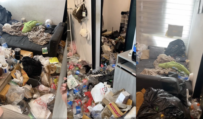Hills of trash left inside Thai landlord Artter Ratchas apartment in Oct. 2023. Photo from Ratcha’s Facebook