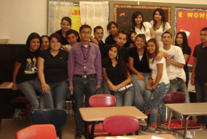 Van Tan Hoang Vy (in purple) and his students at Sam Houston High School in Texas. Photo by Vy