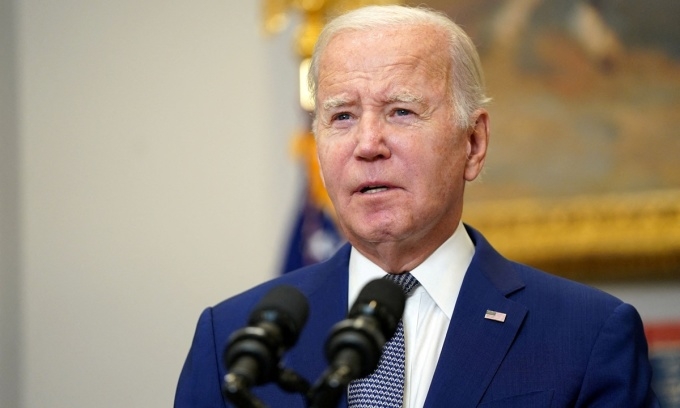 President Joe Biden speaks at the White House on Oct. 1 2023. Photo by AFP