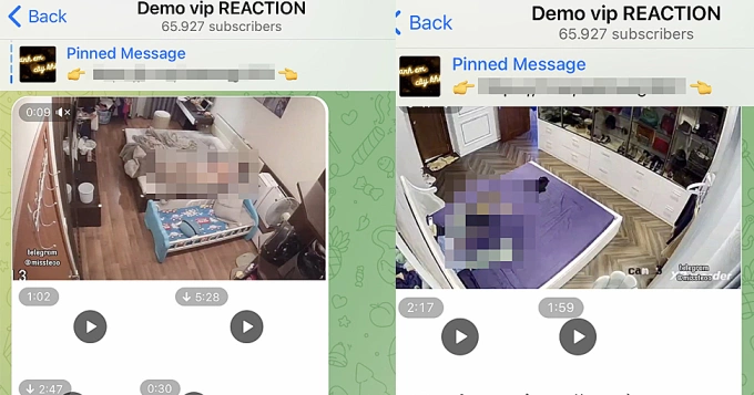 Screenshots of a private Telegram group advertising bedroom camera footage for sale.