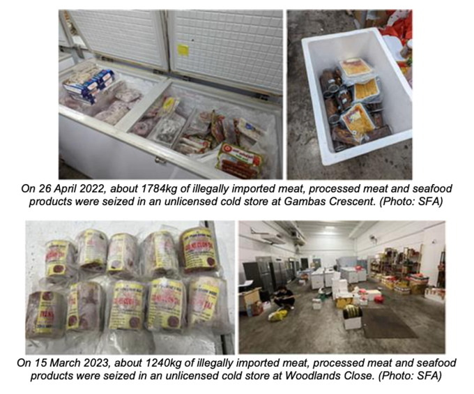 Photos of illegally imported meat, processed meat and seafood products seized in unlicensed cold stores at Gambas Crescent and Woodlands Close. Screenshot of SFAs announcement