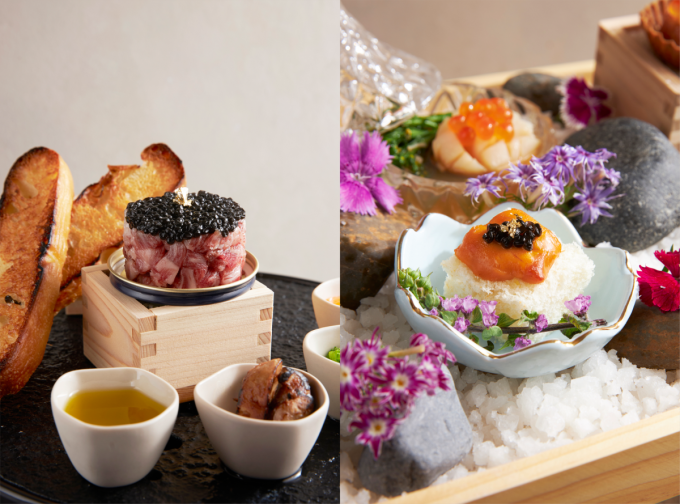 Beef Tartare served with Vietnamese pork rind (L), and Bafun Uni served with Vietnamese breadsticks. Photo courtesy of Noriboi