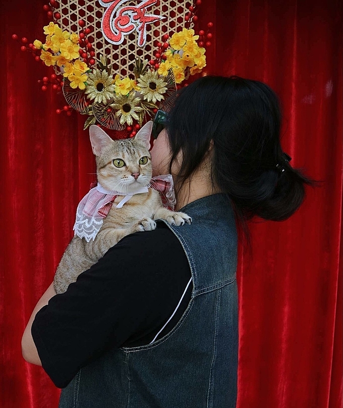 Thuy Duong and her cat, Vi, at a studio in Ho Chi Minh City for a 2024 Tet Lunar New Year photo shoot. Photo courtesy of Duong