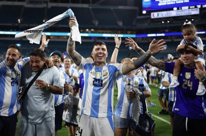 Midfielder Enzo Fernandez celebrates after Argentina defeated Colombia 1-0 in the Copa America final in Florida on July 14, 2024. Photo by Reuters