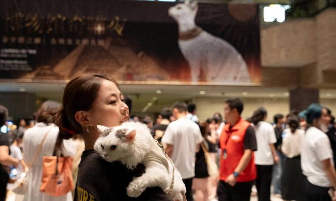 A woman carries her cat while attending cat night at the Shanghai Museum in Shanghai on July 27, 2024. Photo by AFP