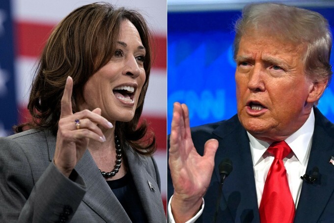 This combination of file pictures created on August 3, 2024 shows US Vice President and 2024 Democratic presidential candidate Kamala Harris speaking on March 26, 2024, in Raleigh, North Carolina; and former US President and Republican presidential candidate Donald Trump speaking in the first presidential debate with US President Joe Biden in Atlanta, Georgia, on June 27, 2024. Photo by AFP