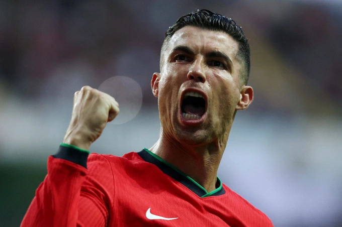 Cristiano Ronaldo celebrates a goal in a friendly match between Portugal and Ireland on June 11, 2024. Photo by Reuters