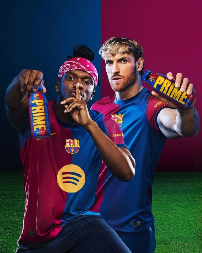 Influencers, content creators and founders of Prime Hydration, Logan Paul and KSI in a promotional shoot with FC Barcelona. Photo courtesy of KSIs Instagram