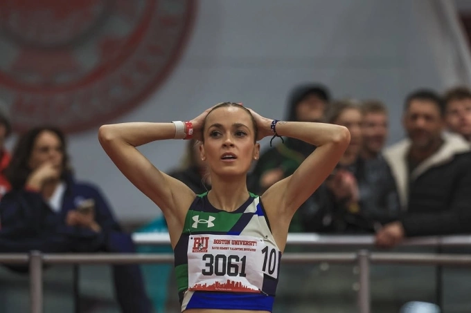 Lauren Ryan holds her head after finishing first in the 3000m run at the Boston Valentine Invitational on Feb. 15, 2025. Photo by Instagram/@laurenryan____