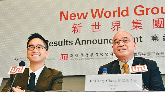 Henry Cheng Kar-shun (right), chairman of New World Development, NWS Holdings and Taifook Securities, and his son Adrian Cheng Chi-kong attend a press conference for the 2014 Annual Results Announcement for New World Group in Hong Kong, China, Feb. 27, 2015. Photo by Reuters