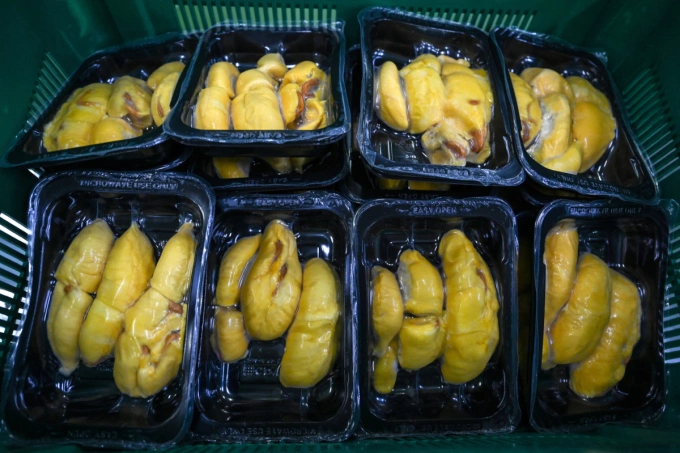 Packets of vacuumed-sealed durian fruit at the Top Fruit factory in Batu Pahat in Malaysias Johor state in April 2022. Photo by AFP