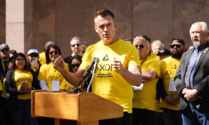 Axon CEO Rick Smith addresses Axon employees and lawmakers during a rally at the Arizona state Capitol in Phoenix on March 4, 2025, in support of a bill that would squash a referendum attempt against their proposed Scottsdale headquarters. Photo by Reuters