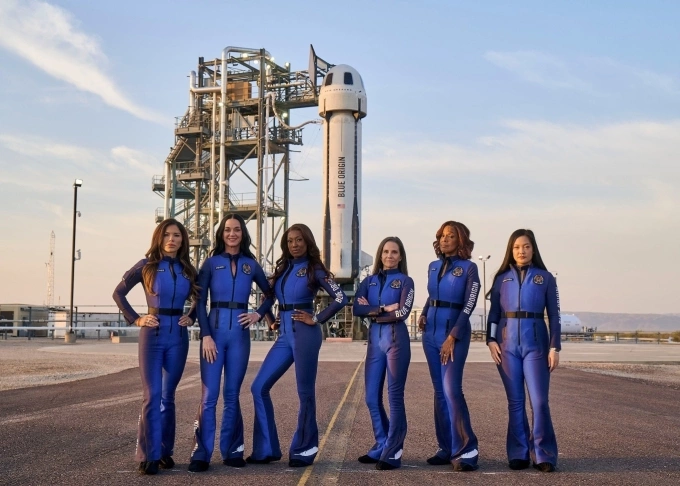 Jeff Bezos fiancee Lauren Sanchez ( far left) and her all-female crew of the Blue Origins spaceflight on April 14, 2025. Photo courtesy of Blue Origin