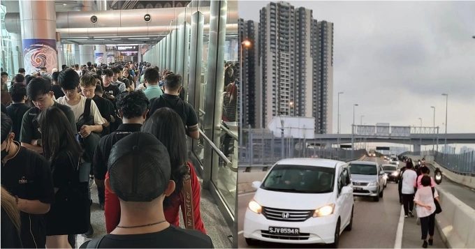 通勤者别无选择,只能在公交车司机罢工时越过马来西亚森林加尔边境。来自Facebook的照片