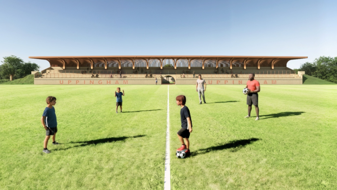 The football pitch will serve as a central hub for our sports and community life. The main stand canopy takes inspiration from the iconic pitched-roof design of Uppingham School UK, blending tradition with modern architecture. Photo courtesy of VCE