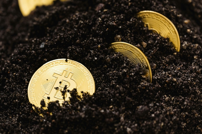 Coins with Bitcoin logo placed in the ground. Photo from Pexels