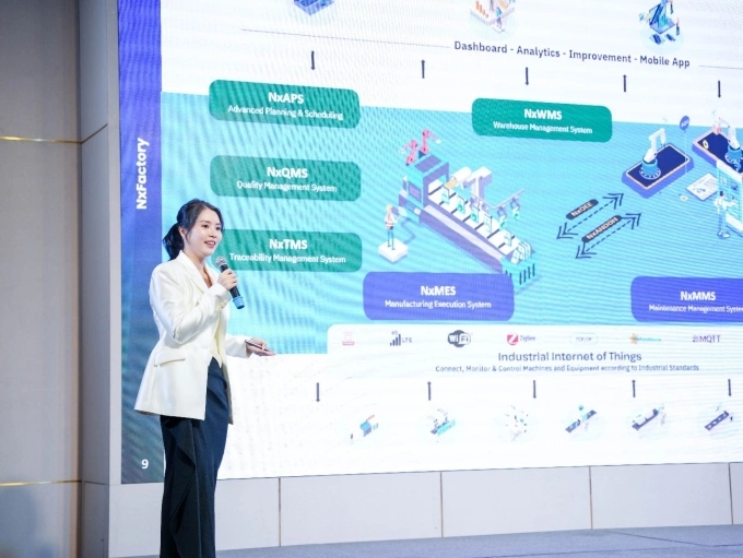 Trang Nguyen Minh (Mira), CEO NTQ Factory, introduced a comprehensive smart factory ecosystem for Vietnamese manufacturers. Photo courtesy of NTQ