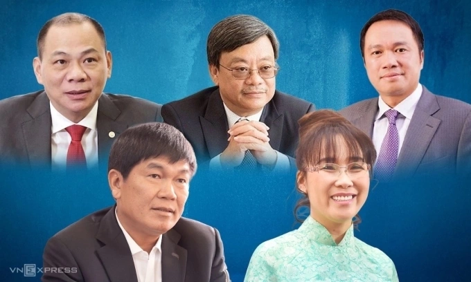 Vietnams 5 billionaires. From top to bottom, left to right: Vingroup chairman Pham Nhat Vuong, Masan chairman Nguyen Dang Quang, Techcombank chairman Ho Hung Anh, Hoa Phat Group chairman Tran Dinh Long, VietJet Air chairwoman Nguyen Thi Phuong Thao. Graphics by VnExpress/Hoang Chuong