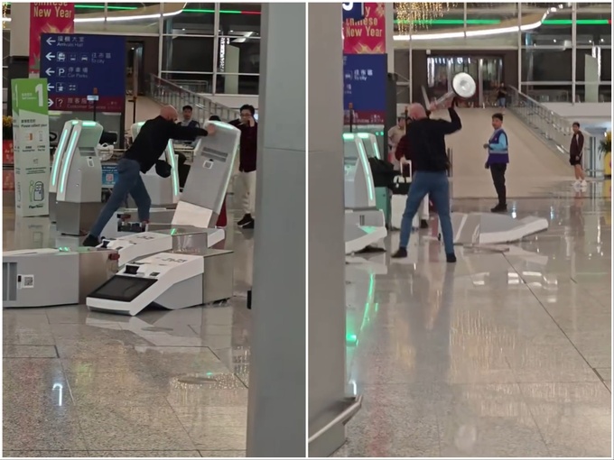 A man seen knocking over check-in kiosks and smashing them at the Hong Kong International Airport. Screenshots taken from a video on Threads