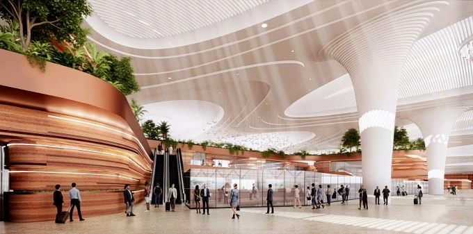 The soaring canopy supported by robust columns creates a modern passenger drop-off and pick-up area. Photo courtesy of Sun Group