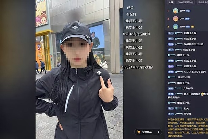A screenshot of a video on Douyin showing a Chinese national selling fashion products on a live broadcast on Myeong-dong Street in Jung District, Seoul.