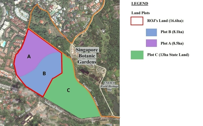 The land parcels (Plot A and B) owned by the Regent of Johor that are planned for development. Photo from Urban Redevelopment Authoritys website