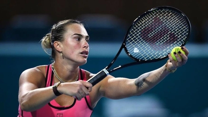 Aryna Sabalenka during a match in the Miami Open at Hard Rock Stadium in Miami, Florida on March 22, 2026. Photo by Reuters.