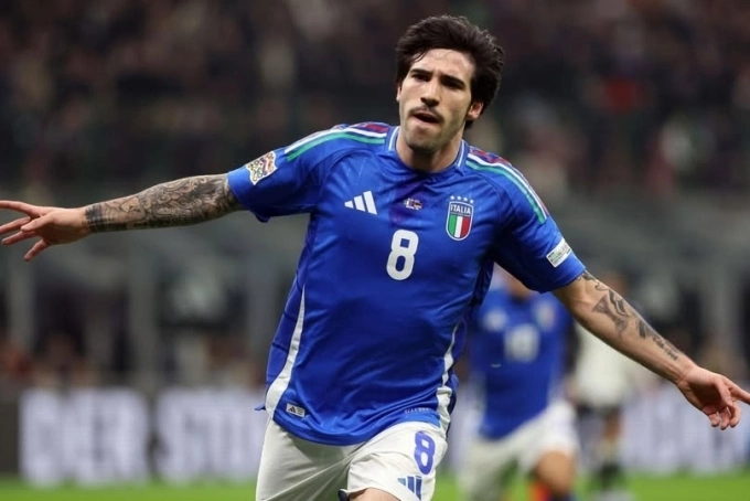 Sandro Tonali celebrates after scoring the opening goal for Italy in the 2026 World Cup play-off semi-final at the New Balance Arena in Bergamo, Italy, on March 26, 2026. Photo by Reuters