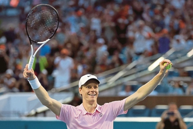 World number two Jannik Sinner of Italy celebratres his win over Jiri Lehecka in the Miami Open final. Photo by AFP