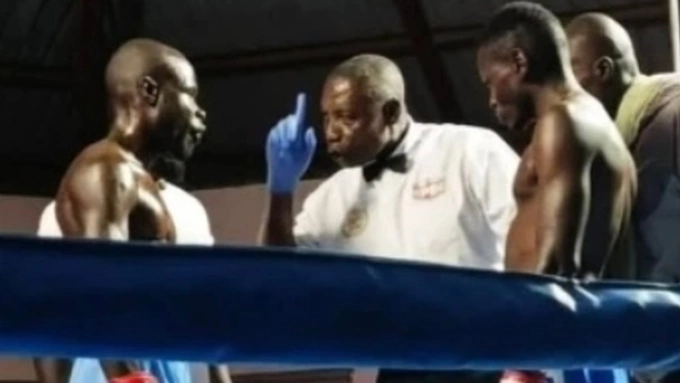 A screenshot of Jacob Oyoko (L) in a match against Julius Okuruchi at the Mumias Cultural Centre, Kakamega area, Western Province, Kenya, on March 28, 2026.